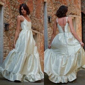 V. Chapman Avery Floral Brocade Maxi Dress Gown Sage Duchess Green